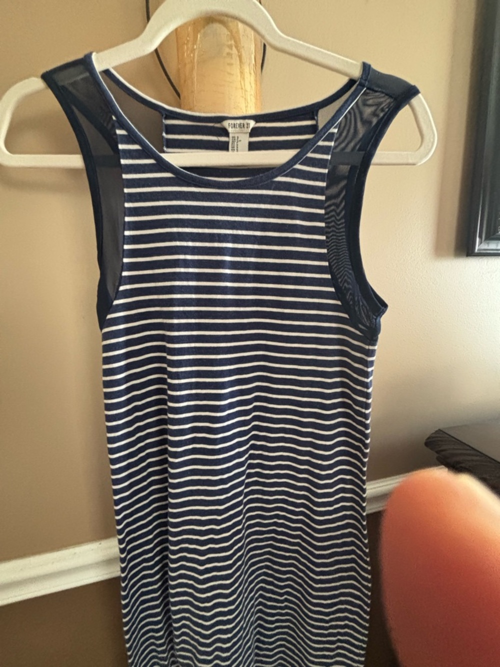 Forever 21 Navy and White Striped Sleeveless Dress with Mesh Shoulders
